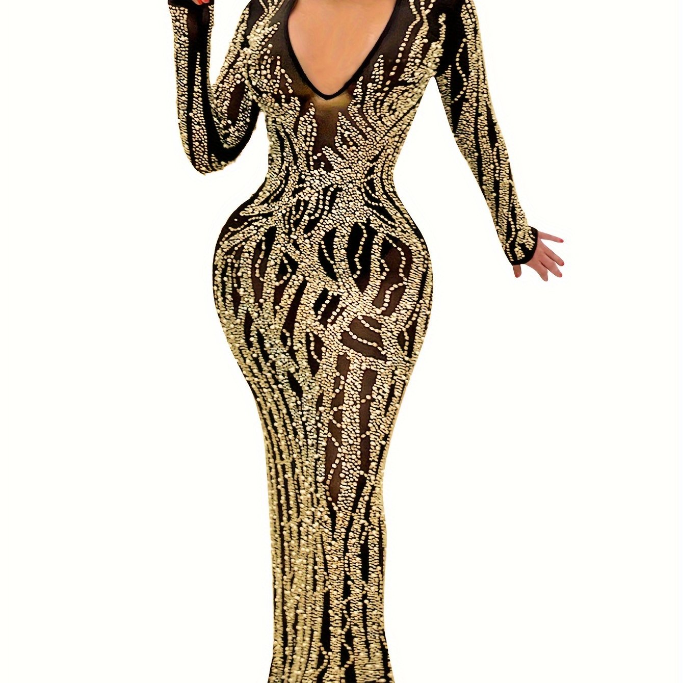 Glittering Rhinestone V Neck Bridesmaid Dress - Y2K Inspired Long Sleeve with Zipper Back - Flowy Bag Hip Wedding Party Gown for Fashion-Forward Women