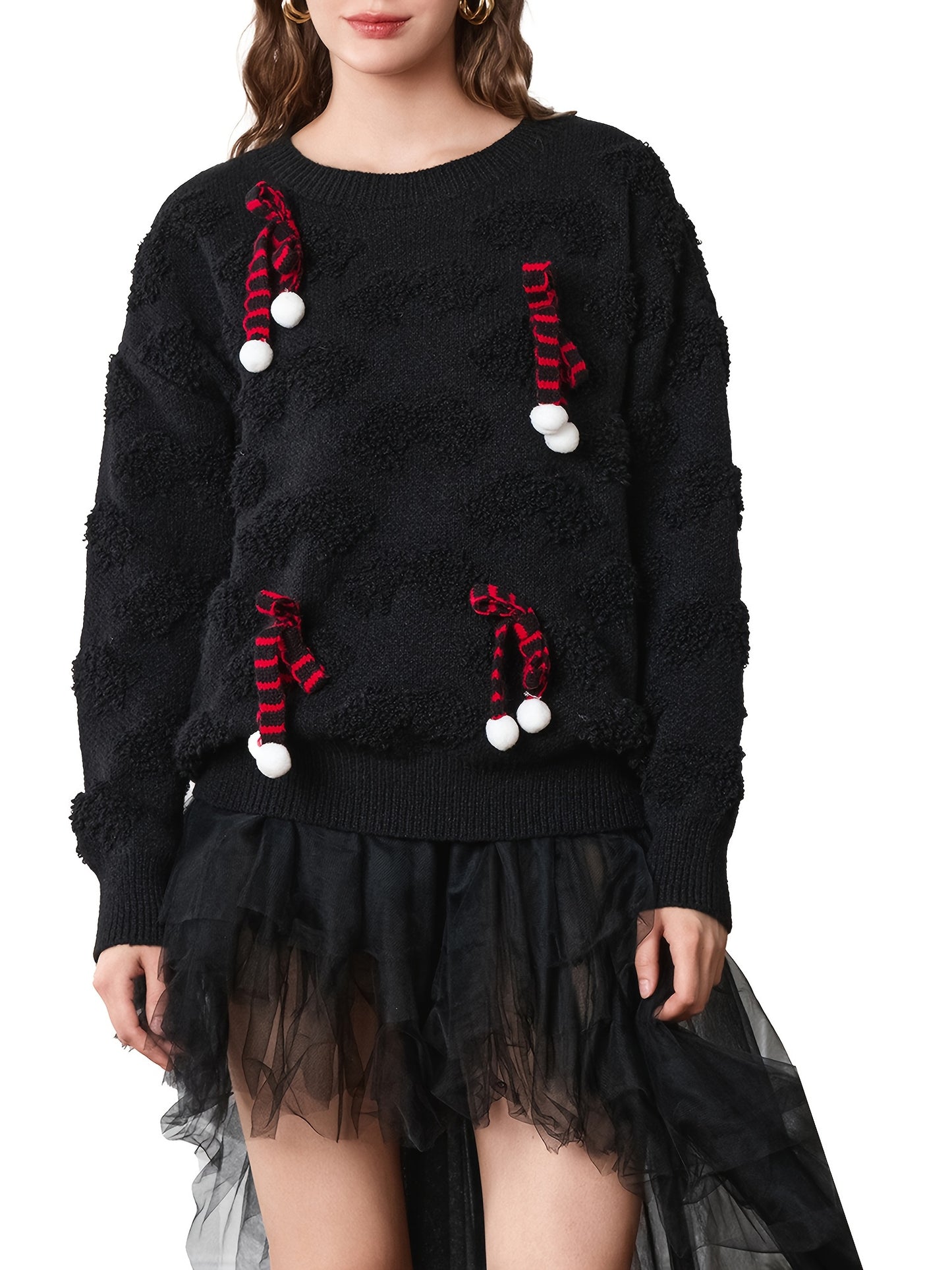 Cozy Christmas-Themed Crew Neck Sweater for Women - High-Quality Polyester, Casual Fit with Faux Drawstring Detail, Perfect for Fall & Winter