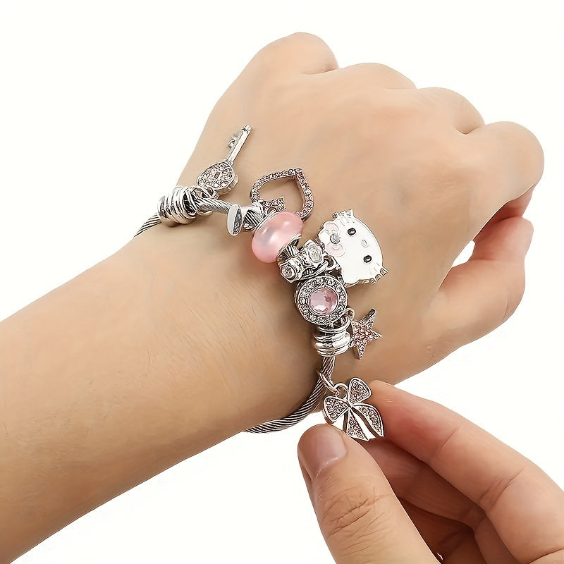 Stunning Sanrio Hello Kitty Mosaic Zircon Alloy Bracelet - Sparkling Cartoon Bangle for Girls, Unique Sweet Gift Idea with No Plating, Exquisite Detailing
