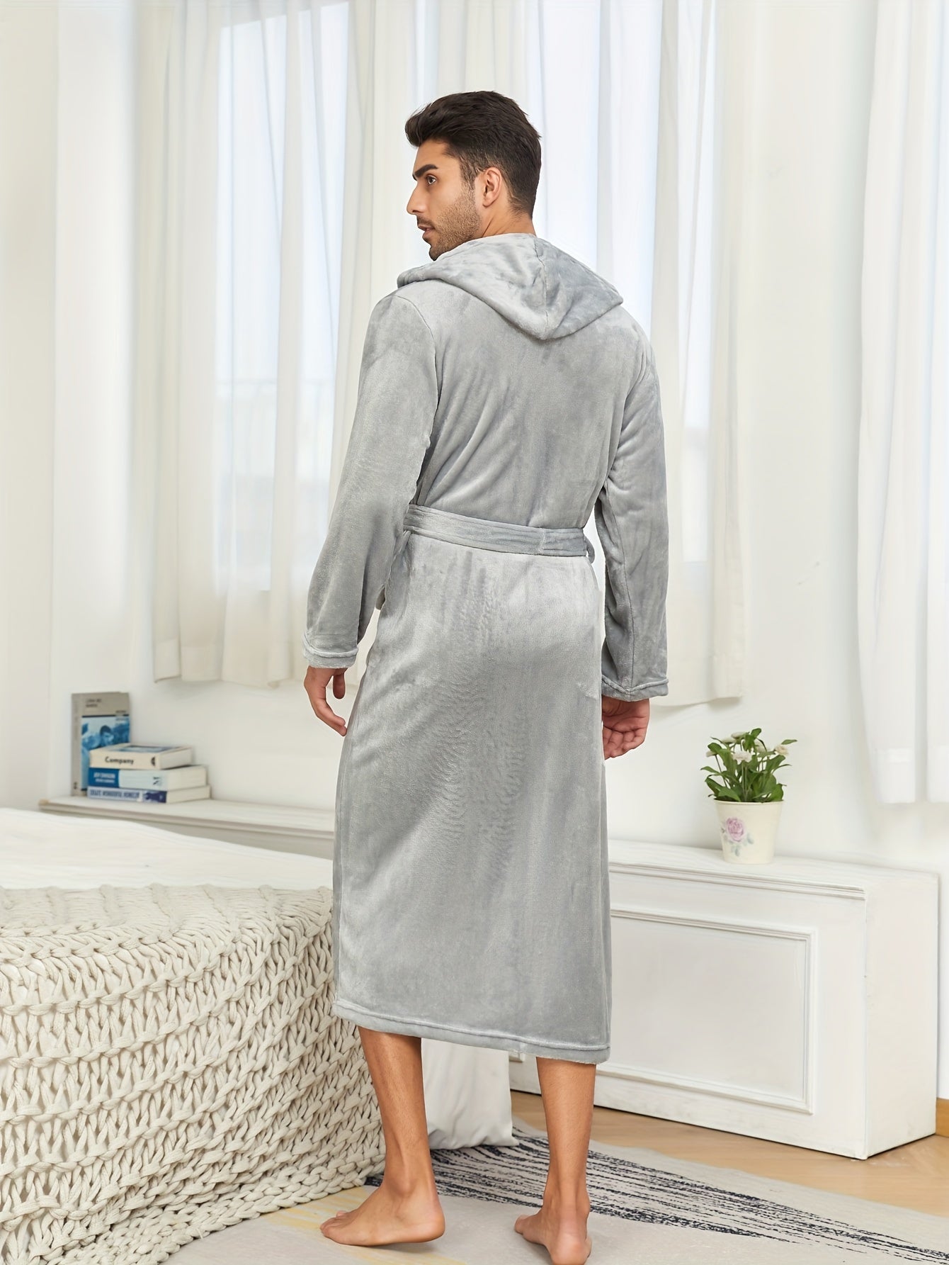 Mens Premium Flannel Bathrobe - Super Cozy Winter Wear, Hooded, Solid Color, Soft Fleece Lining, Double Pockets for Lounging Comfort