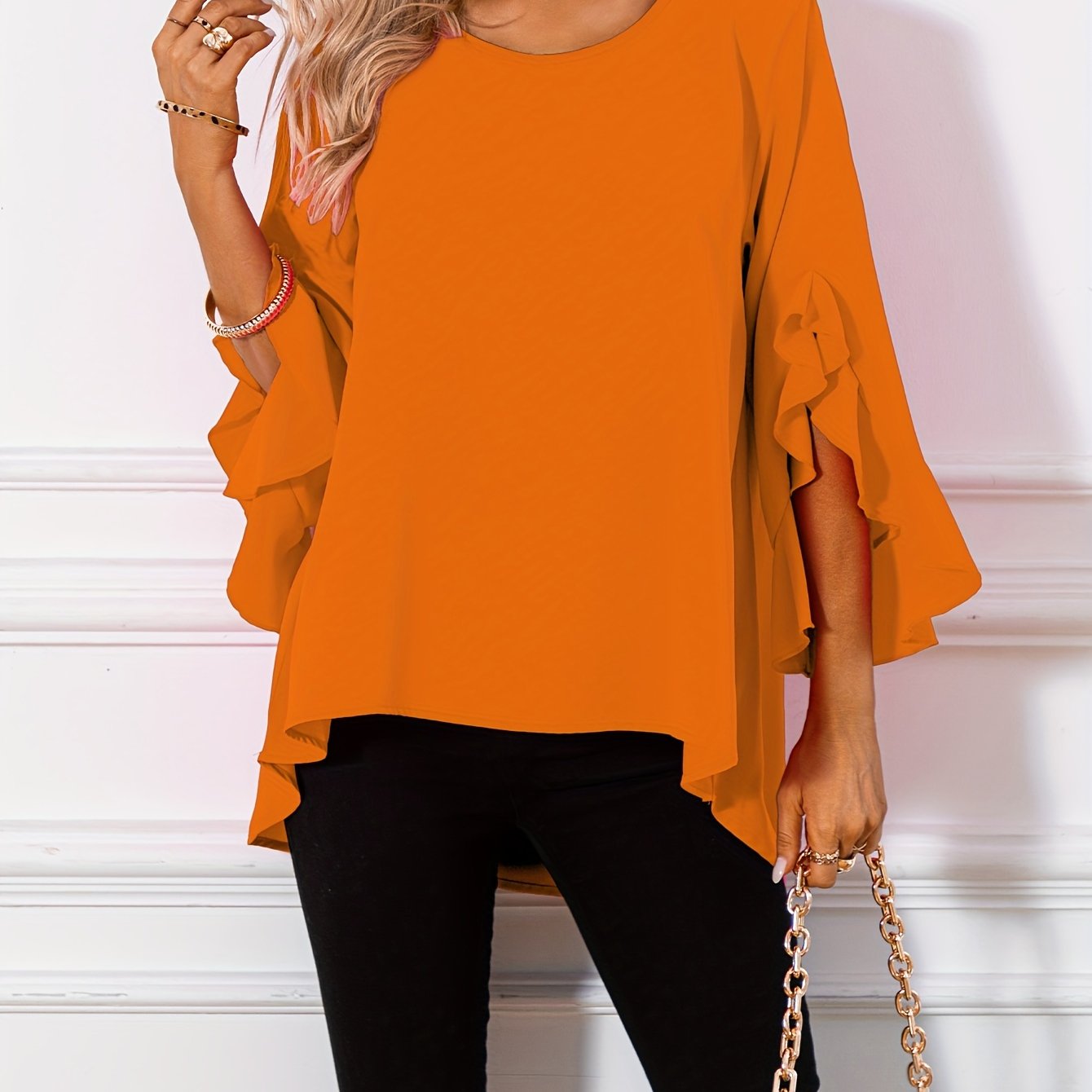 ZllKl Solid Crew Neck Blouse, Casual Ruffle Sleeve Blouse For Spring & Fall, Women's Clothing
