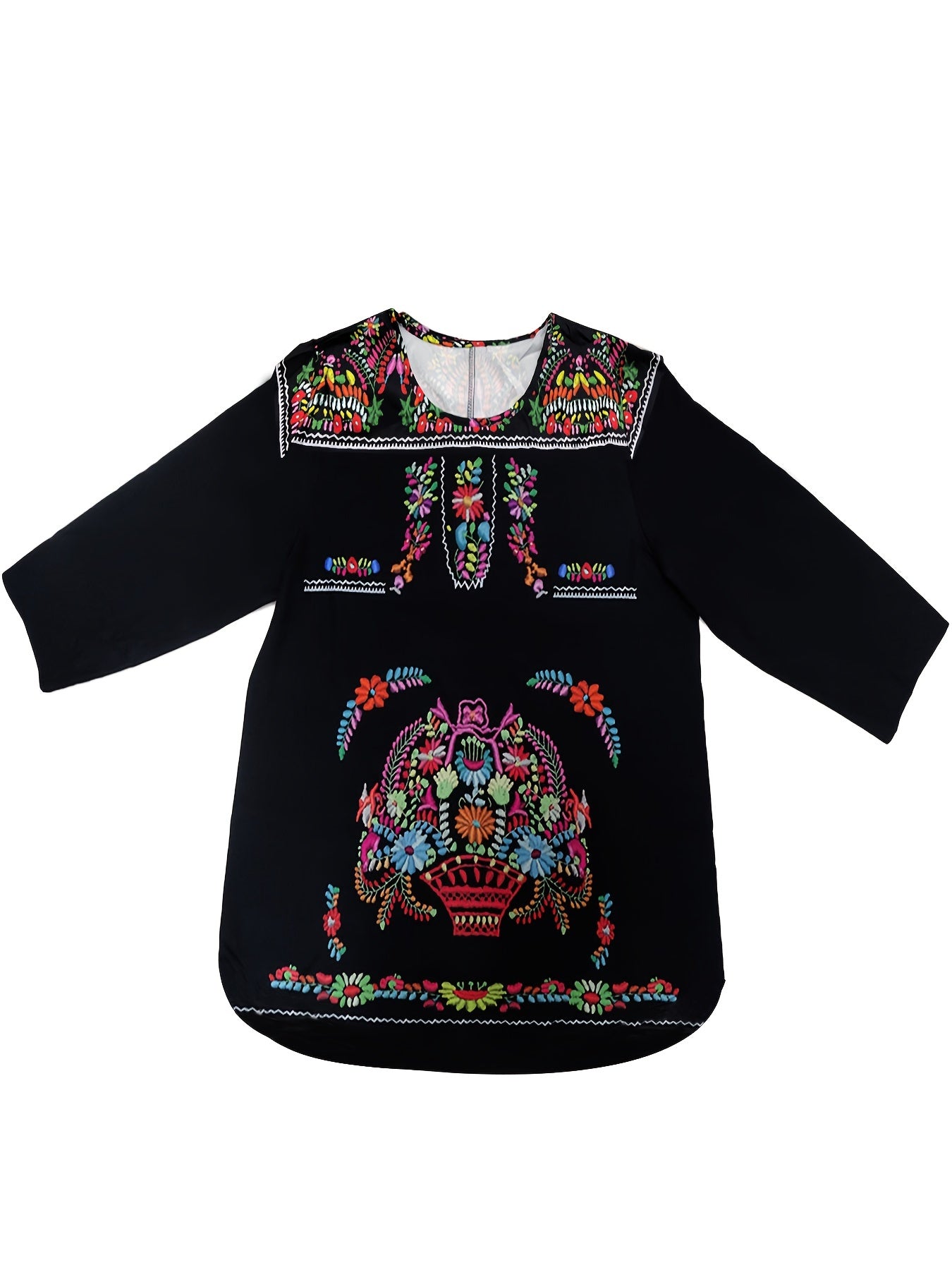 Plus Size Tribal Print Bohemian Chic Long Sleeve Crew Neck Asymmetrical Hem Blouse - Vibrant Random Print, Non-Stretch Polyester Fabric, Casual Woven Shirting for All Seasons - Easy Pullover Design, No Sheer, Long Length, and Relaxed Fit Type H