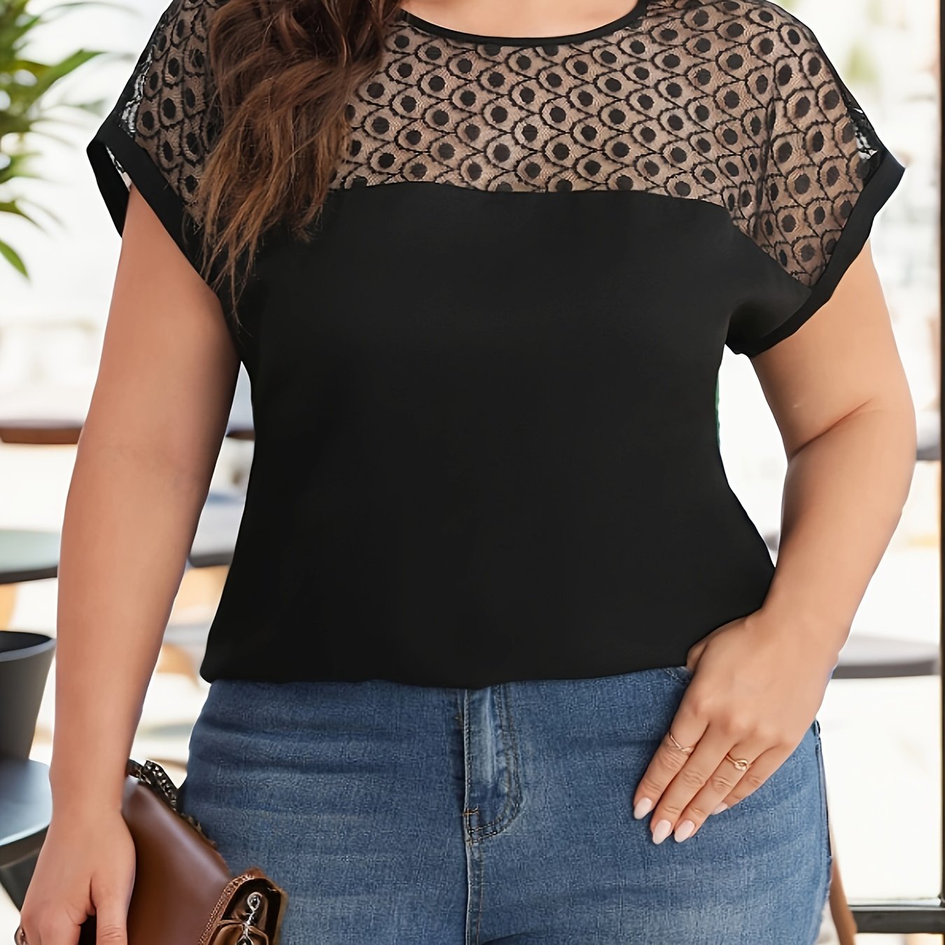 Plus Size Elegant Batwing Sleeve Crew Neck Blouse - Contrast Lace Stitching, Slight Stretch Polyester, Weekend Casual Solid Color Top for Spring & Summer - Elegant Womens Clothing for All Seasons