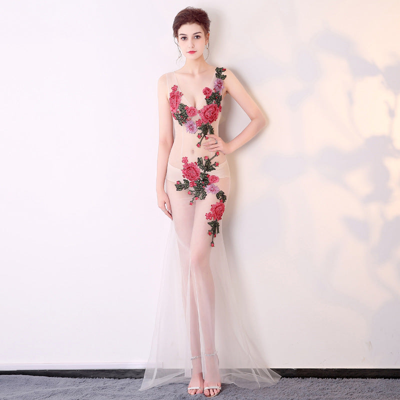 2025 G727/sexy see-through dress mesh transparent hollow lace flower club overalls