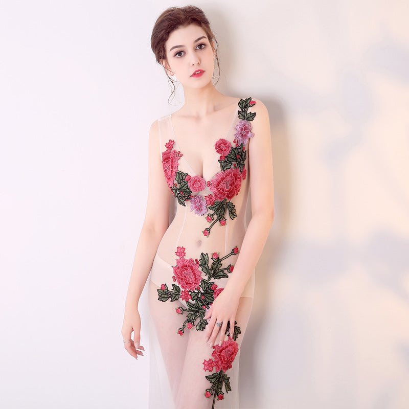 2025 G727/sexy see-through dress mesh transparent hollow lace flower club overalls
