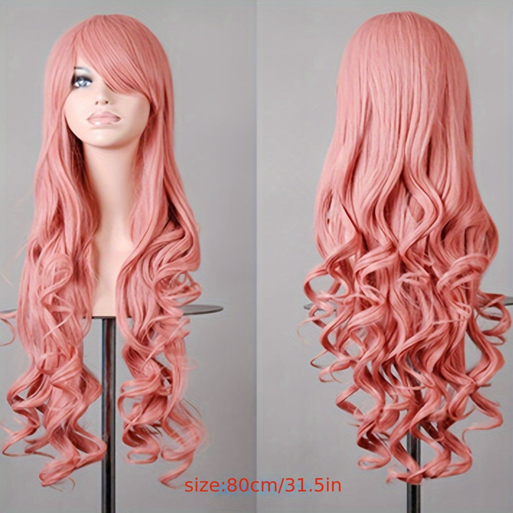 Vibrant Curly Wave Wig with Bangs - Synthetic Hair, Buckle Net Cap, Elegant Style for Women - Perfect for Halloween Party, Music Festival, and Costume Occasions