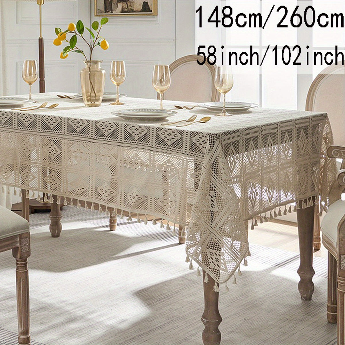 1pc Beige Linen Cotton Blend Crochet Tablecloth with Tassel - Tablecloths - Rustic American Pastoral Style Decor for Picnic, Holiday Party, and Home - Easy Care and Durable
