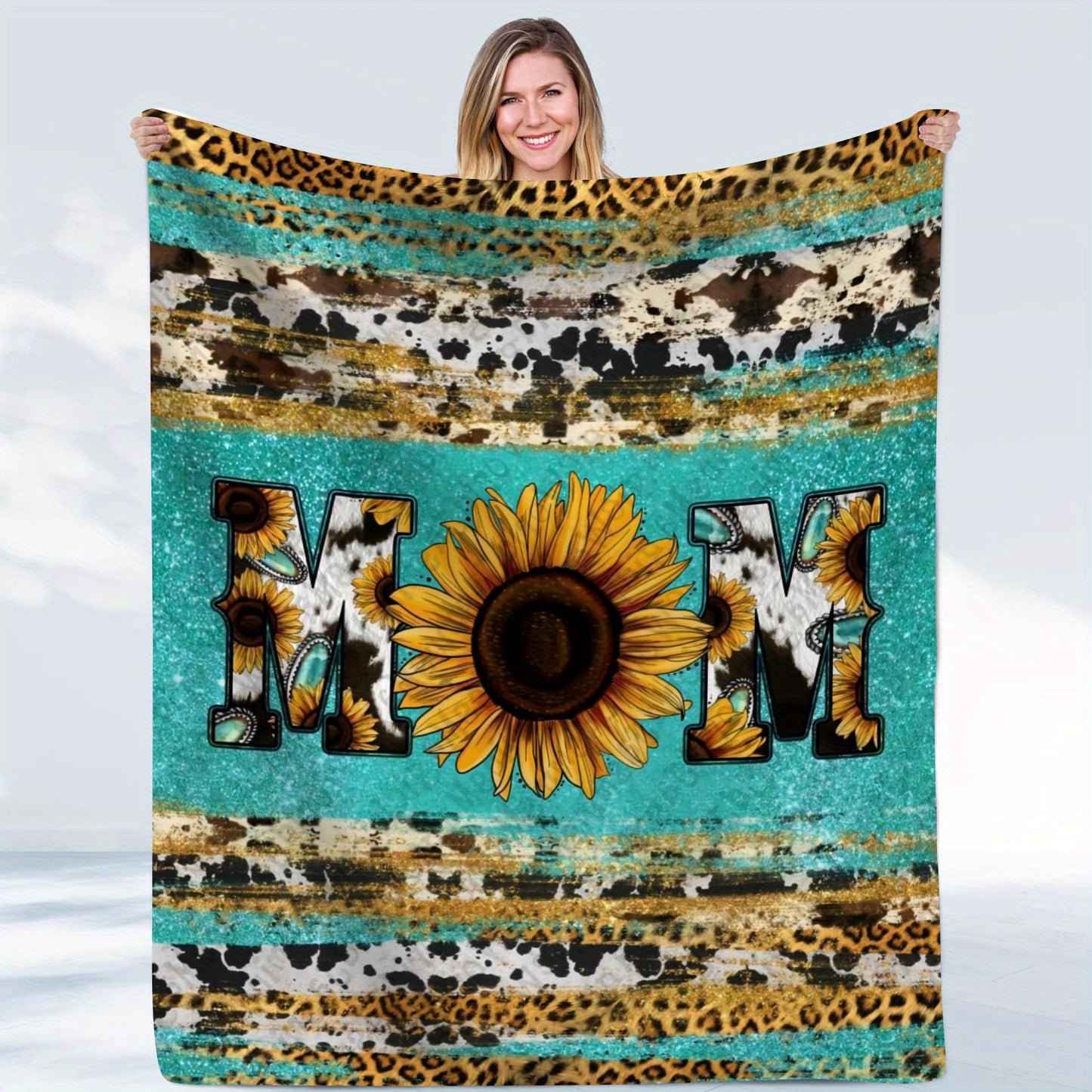 1pc Cozy Sunflower Cow Print Flannel Blanket - Soft, Plush, and Warm Throw for Travel, Sofa, Bed, Office, and Home Decor - Perfect Birthday and Holiday Gift for Mom, Available All Year Round