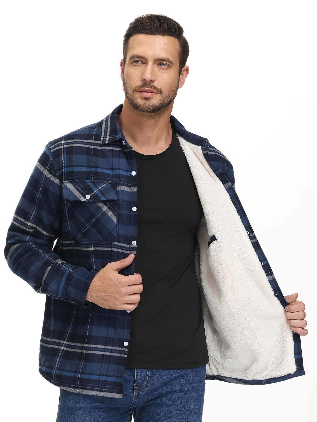 Big And Tall Men's Flannel Shirt Jacket Winter Turn-Down Collar Long Sleeve Fleece Lined Warm Classic Plaid Design 5 Pocket Shirt Jacket Button Front Adjustable Cuffs Soft Comfortable For Hiking Camping Fishing Dating Work Fleece Shirt Jacket