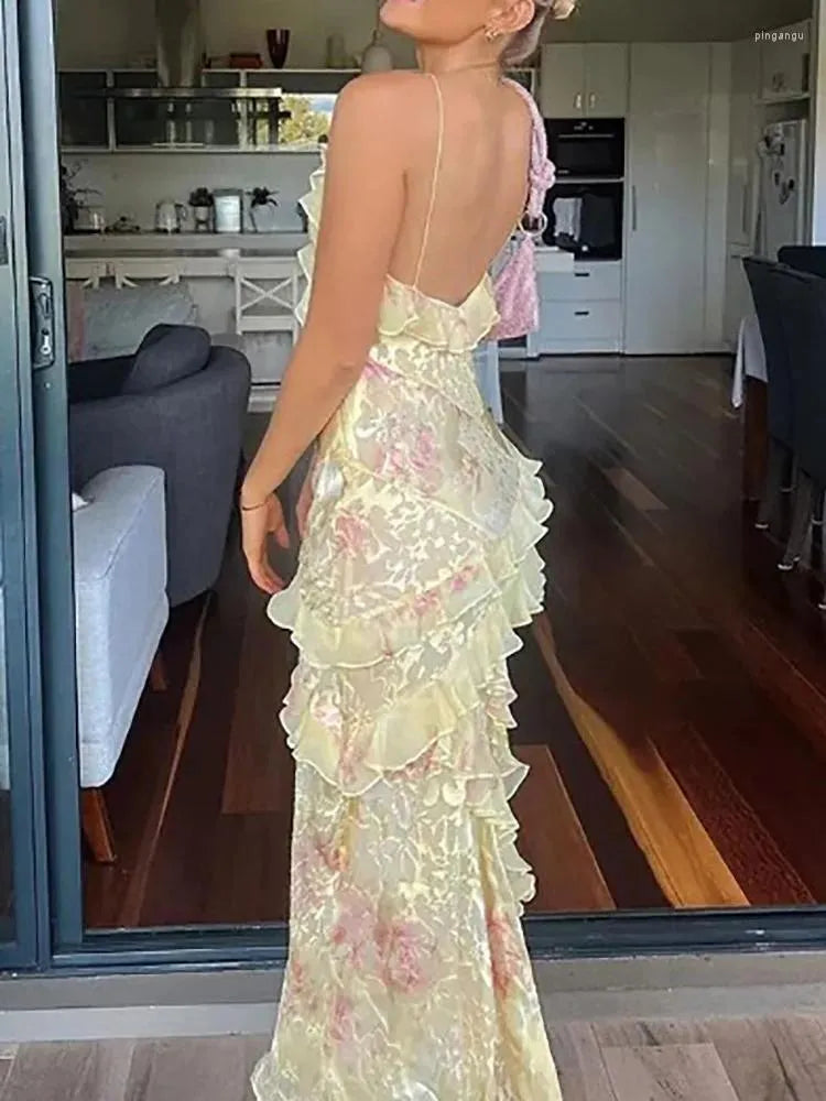 Casual Dresses Beach Style Backless Fashion Maxi Dress Women Summer Sleeveless V-Neck Party Ruffles Patchwork Printed Ladies
