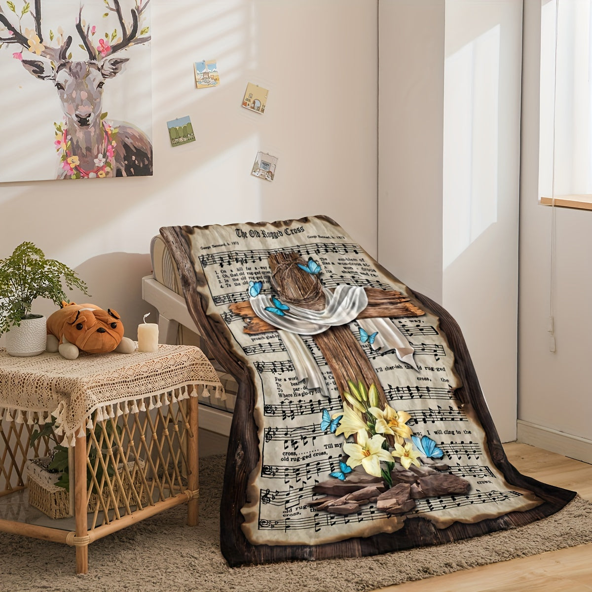 1pc Music Cross Series Butterfly Decorative Soft Warm Throw Blanket - Ultra Cozy Nap Blanket for Couch, Sofa, Office, Bed, Camping, Travel - Multi-Purpose Gift for All Seasons, Perfect for Indoor and Outdoor Use