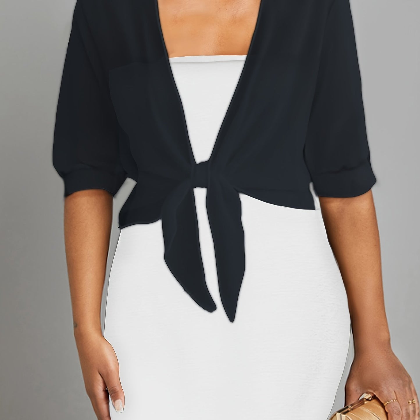 ZllKl Tie Front Semi-Sheer Blouse, Elegant Open Front Shawl Blouse, Women's Clothing