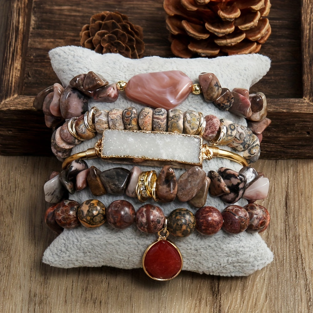 5pc Vintage Charm Boho Beaded Bracelet Set - Effortless Stackable, Elastic Stretch, Handmade Jewelry for Bohemian Style Enthusiasts