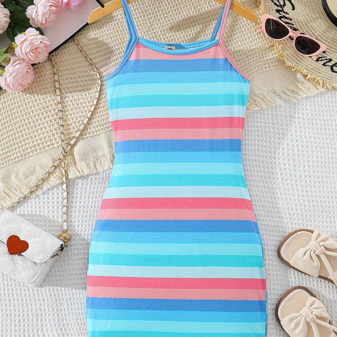 Colorful Stripe Dress - Bodycon Slim Fit Design, Adjustable Spaghetti Straps, Slip-on Style - Perfect for Little Girls and Tweens, Ideal Summer Gift for Birthday Parties, Outdoor Playdates, or Casual Occasions