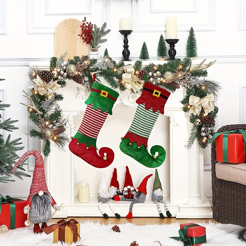 2-Piece Festive Elf-Inspired Christmas Stockings - Vibrant Contemporary Style Polyester Hanging Socks with Sparkling Accents for Festive Home Decor, Holiday Themes, and Universal Christmas Decorations Without Feathers