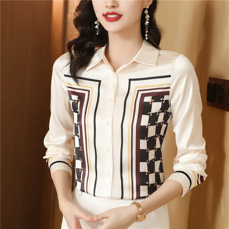 Luxury Designer Print Classic Satin Shirt Plus Size Women Fashion Long Sleeve Button Front Shirts Spring Autumn Ladies Runway Lapel Blouse Elegant Silk Tops