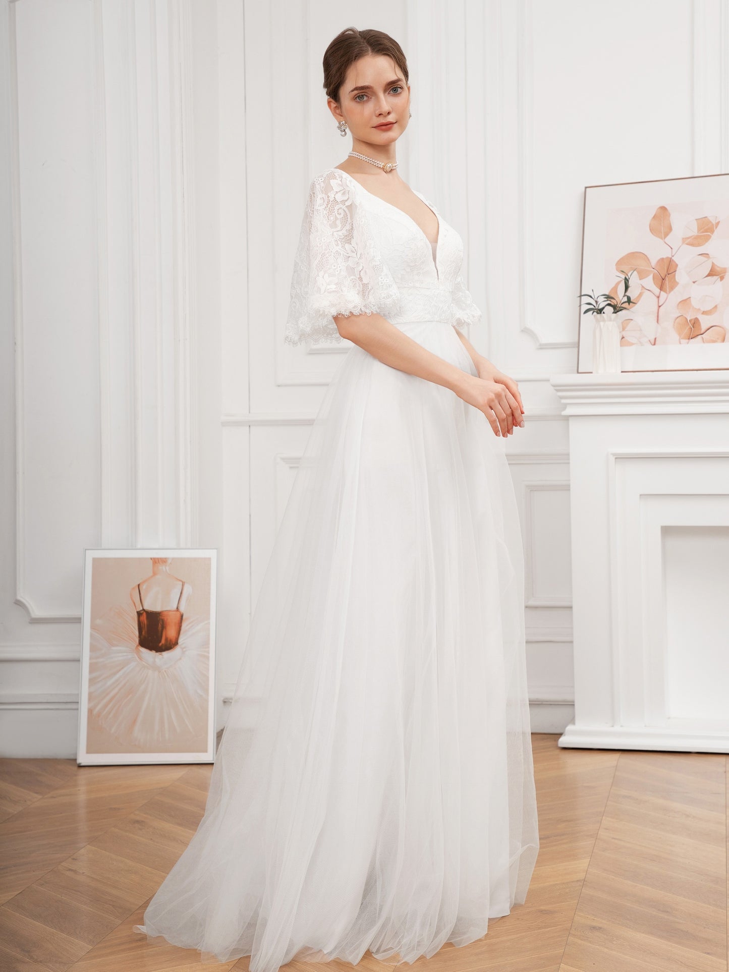 Long Lace Flutter Sleeve A-Line Wedding Dress - Elegant Deep V Neck, Contrast Lace, Half Sleeve, Floor Length, Woven, No Elasticity - Perfect for Adult Women