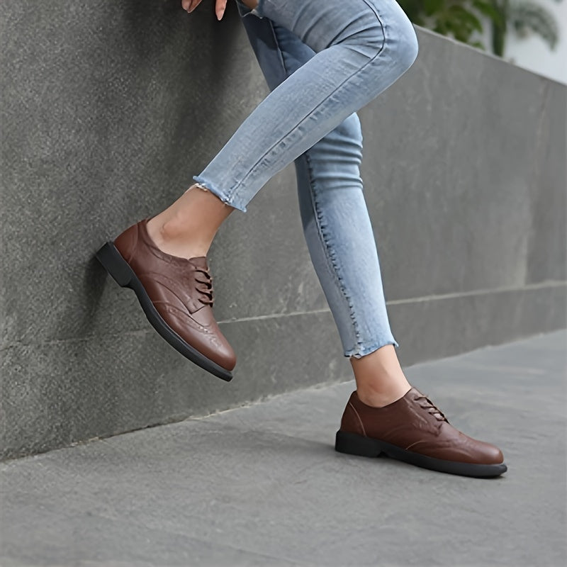 Women's Classic Oxford Lace Up Business Dress Pointed Thick Leather Formal Shoes