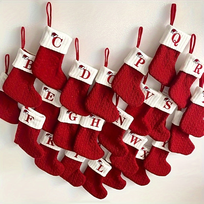 Classic Initial Mini Christmas Stockings, 1pc, Embroidered Alphabet Knit Red and White Themed Socks for Home, Christmas Tree, Mantel Decoration, No Feathers, Polyester - Festive Holiday Decor