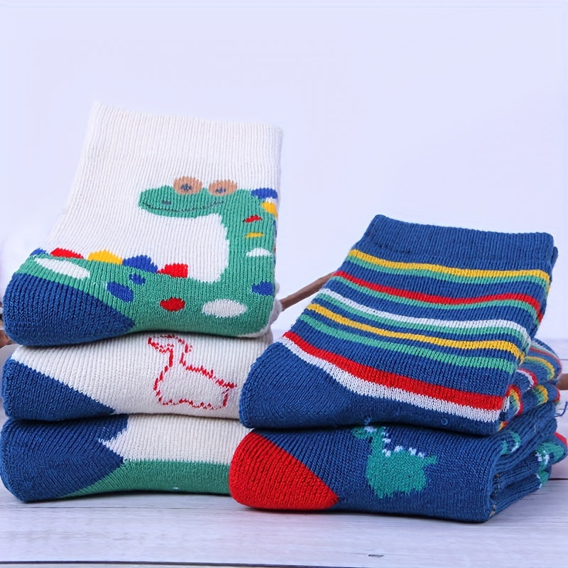 5pcs Boys' Cozy Fleece-Lined Socks - Warm, Thick Winter & Fall Crew Socks with Dinosaur Designs