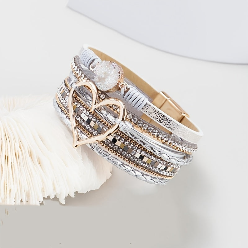 Trendy Bohemian Multilayer Bangle Bracelet - Handcrafted PU Leather with Golden Big Love Charm - Adjustable, Durable & Stylish - Perfect Boho Chic Accessory for Ladies