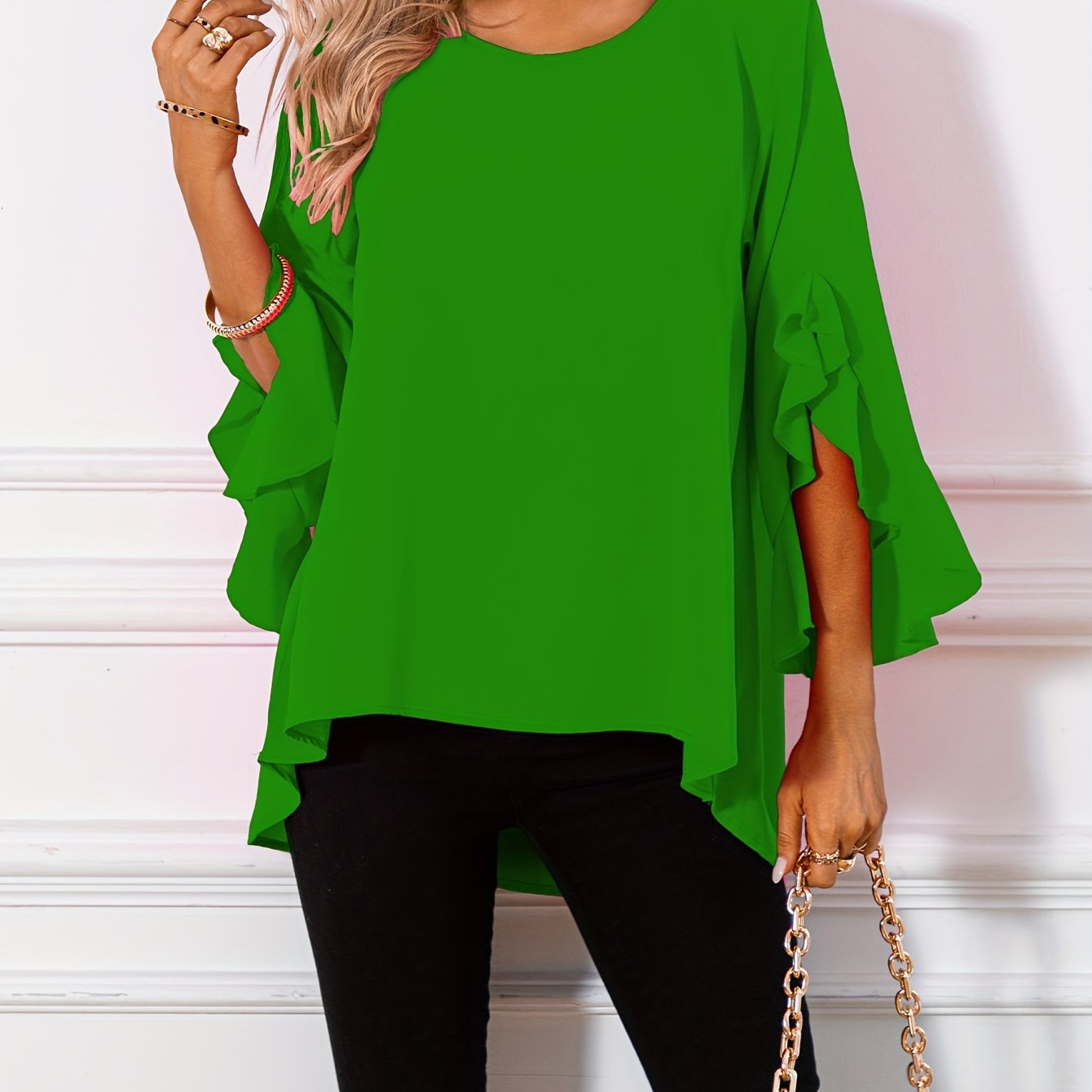 ZllKl Solid Crew Neck Blouse, Casual Ruffle Sleeve Blouse For Spring & Fall, Women's Clothing