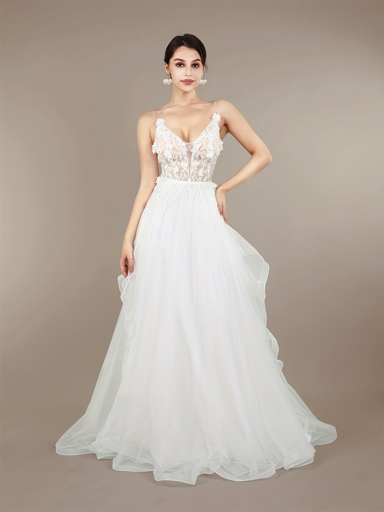 Long Elegant Embroidered Applique Cami Dress - Deep V Neck, Semi-Sheer, Micro Elasticity, Woven Polyester, Hand Wash Only - Perfect for Wedding, Occasion, Engagement, Ceremony, and Evening Events