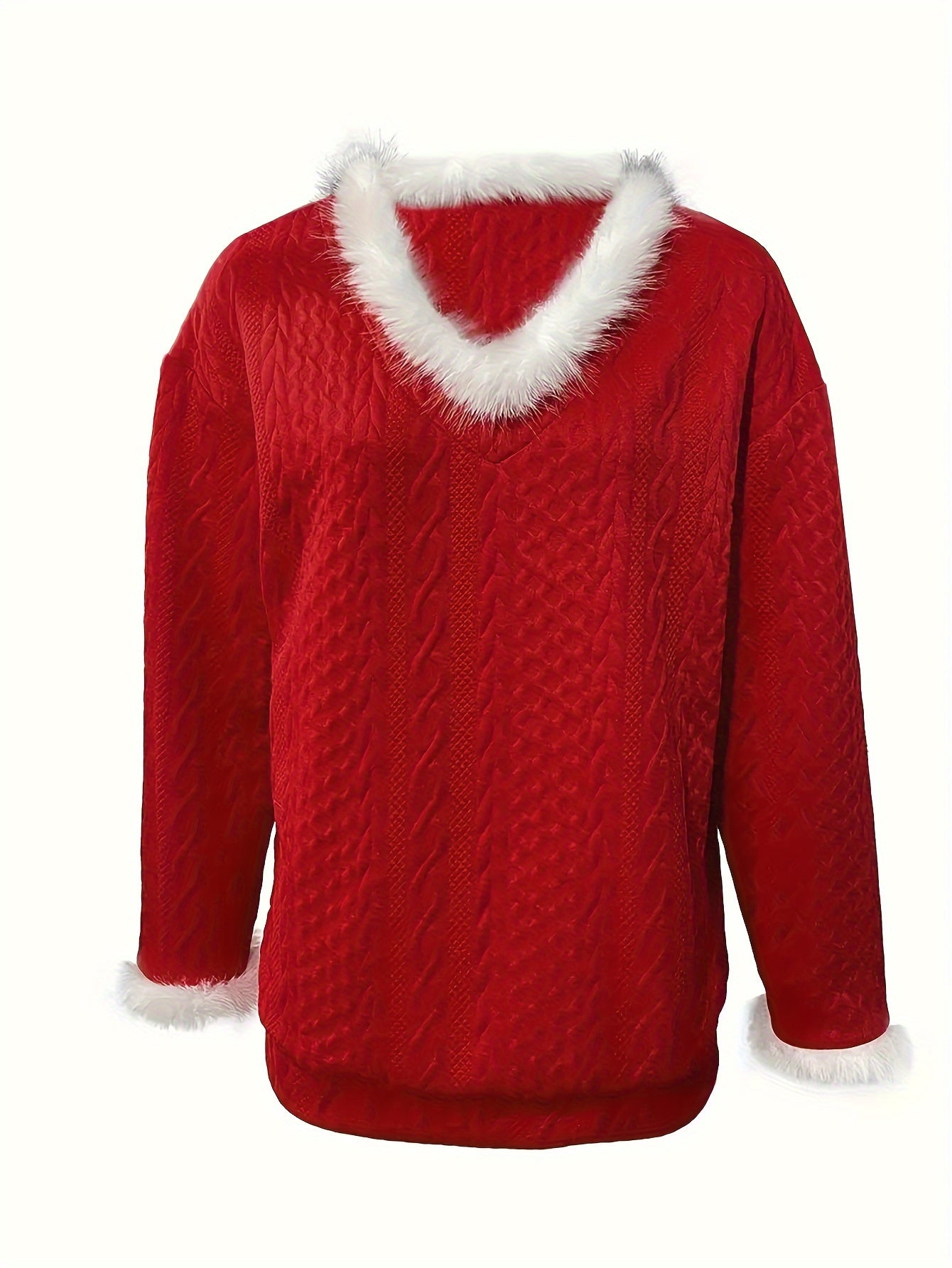 Women'S Plus Size Christmas Sweater with Faux Fur Trim, V-Neck Long Sleeve Pullover, Casual Knit Cardigan, Solid Color, Regular Fit, All Seasons