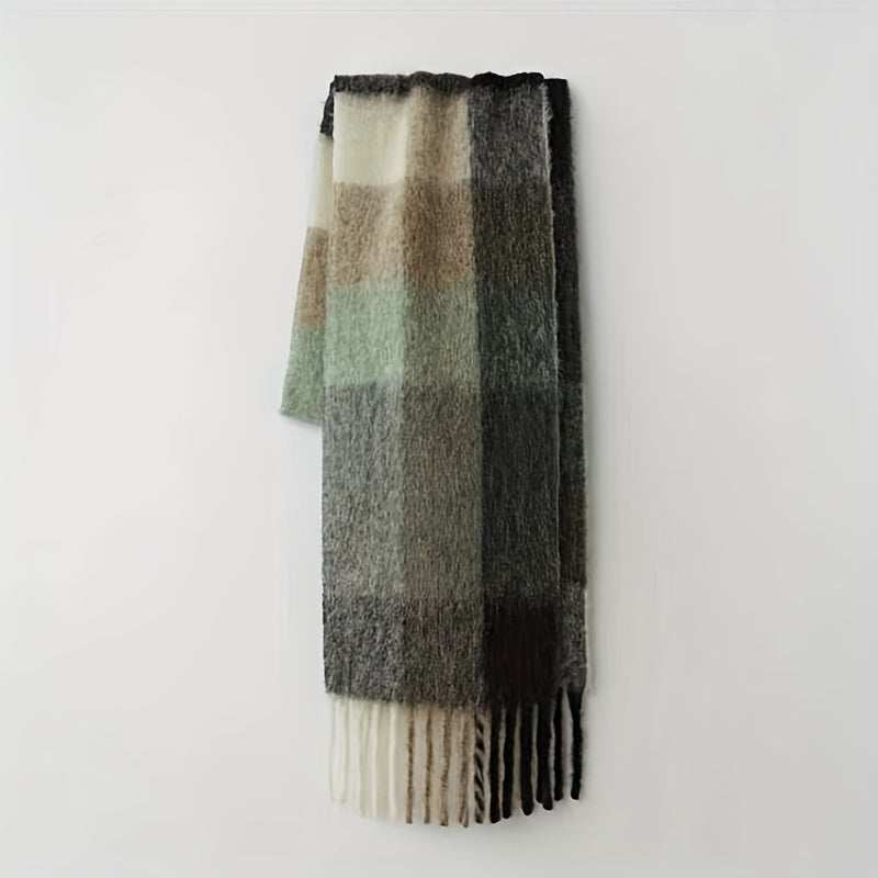 Autumn Winter Rainbow Color Boho Plaid Tassel Chunky Scarf - Soft Imitation Mohair, Eye-Catching Tassel Details, Thick and Plush Design, Long Stylish Neckerchief - Vibrant Shawl for Cold Weather