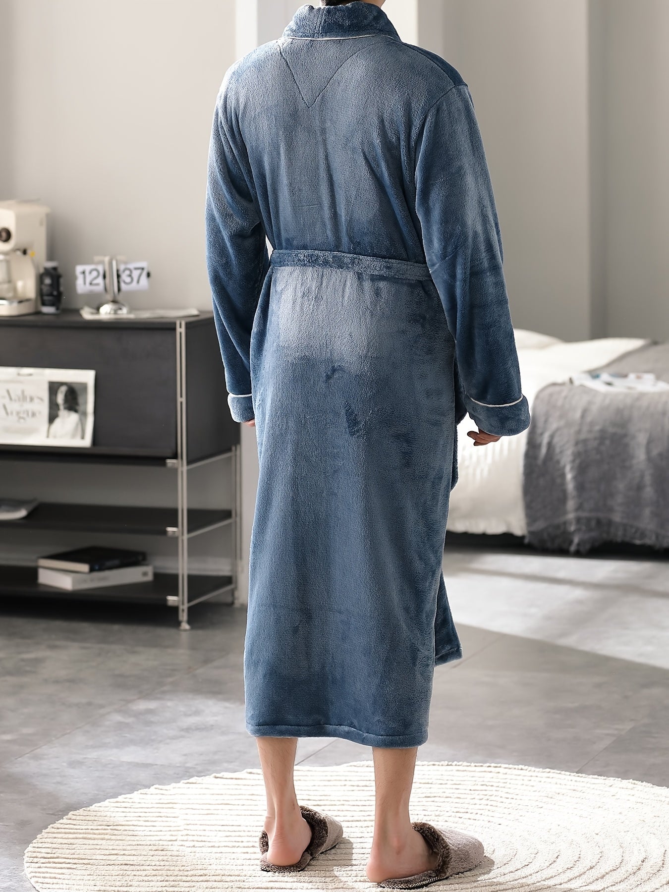Men's Comfy Solid Fleece Warm Thickened Robe Home Lapel Pajamas Wear With Pockets, One-piece Lace Up Kimono Night-robe Warm Sets After Bath