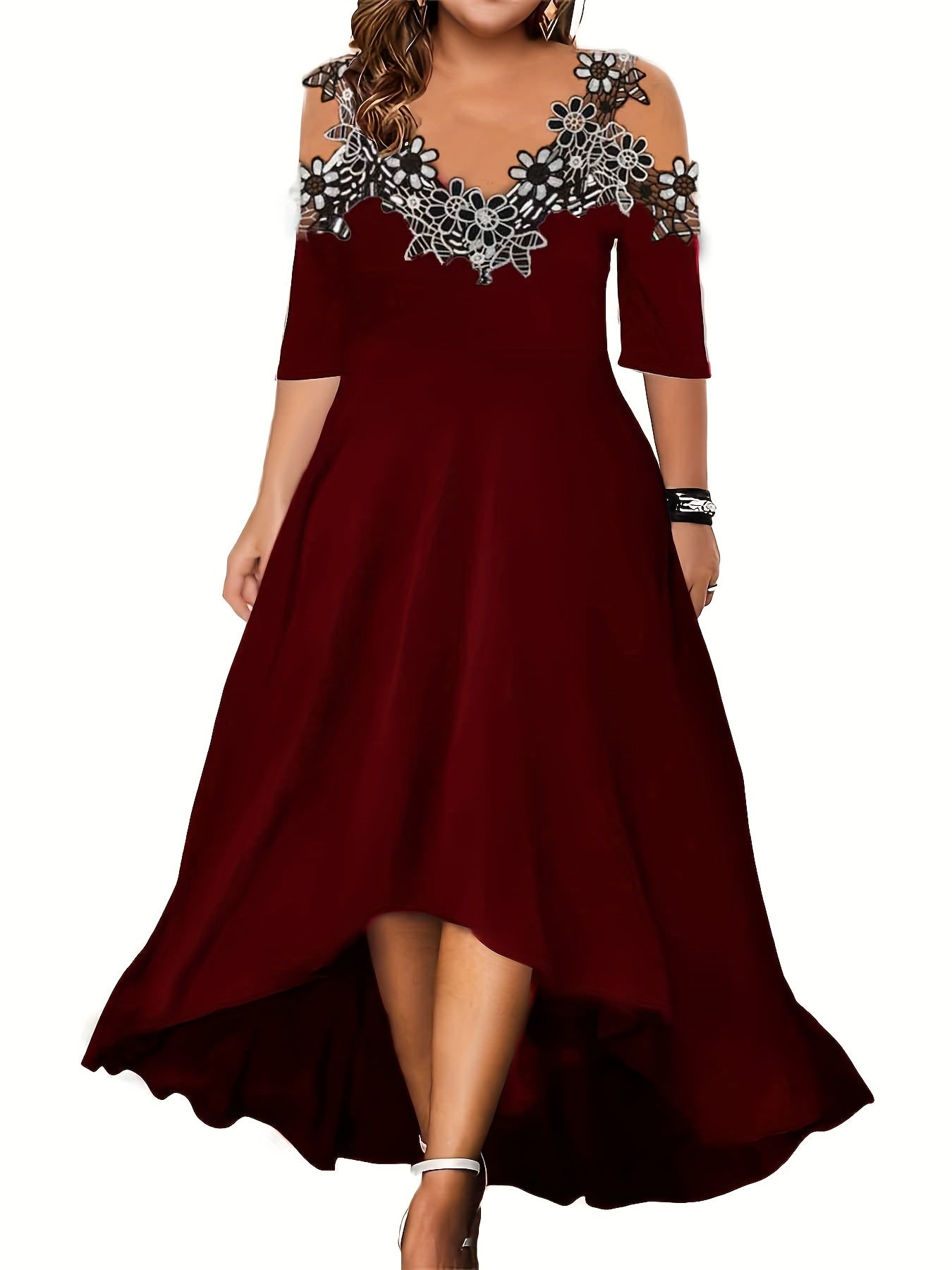 Plus Size Floral Chic V Neck Cold Shoulder Lace Stitching Dress - Elegant Short Sleeve Women's Clothing for Special Occasions - Perfect for Summer, Party, Wedding, and Date Night