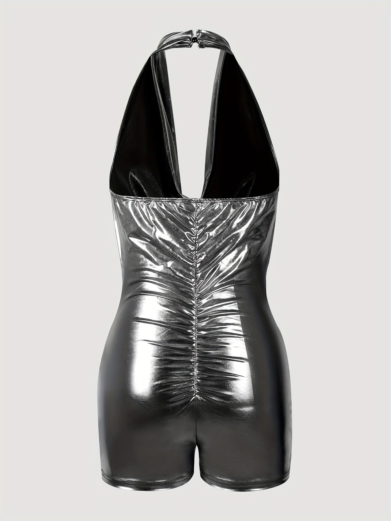Sleek Y2K-Inspired Backless Metallic Halter Romper - Sleeveless, Figure-Hugging Partywear for Women