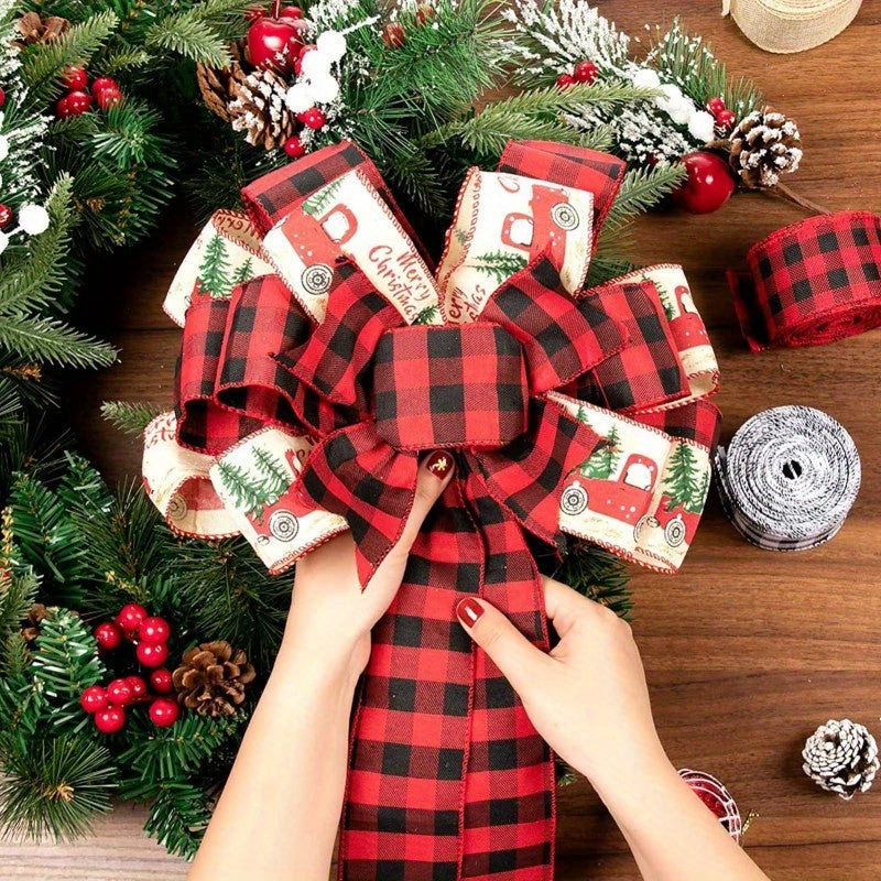 Christmas Tree Topper, Large Christmas Bows Wreath Decoration, Buffalo Plaid Xmas Tree Topper Ornament, Red Xmas Decorative Bow Garland for Indoor Outdoor, Front Door, Merry Party Supplies