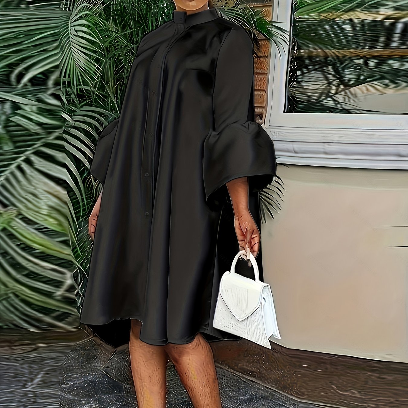 Plus Size Elegant 3/4 Sleeve Midi Dress - Button Front, Crew Neck, Ruffle Cuff, Knee High, Non-Stretch, Woven Polyester, Big-Tall Silhouette, No Belt or Padding, Perfect for All Seasons