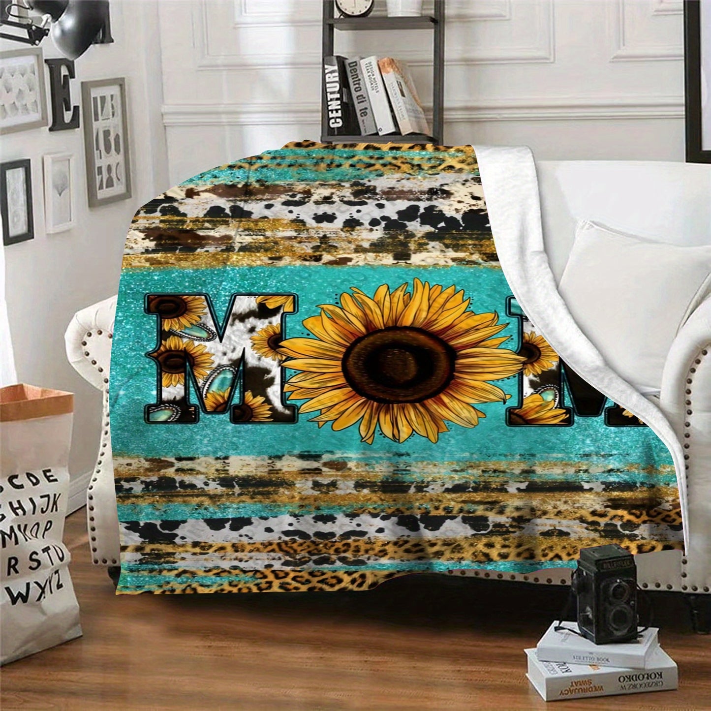 1pc Cozy Sunflower Cow Print Flannel Blanket - Soft, Plush, and Warm Throw for Travel, Sofa, Bed, Office, and Home Decor - Perfect Birthday and Holiday Gift for Mom, Available All Year Round