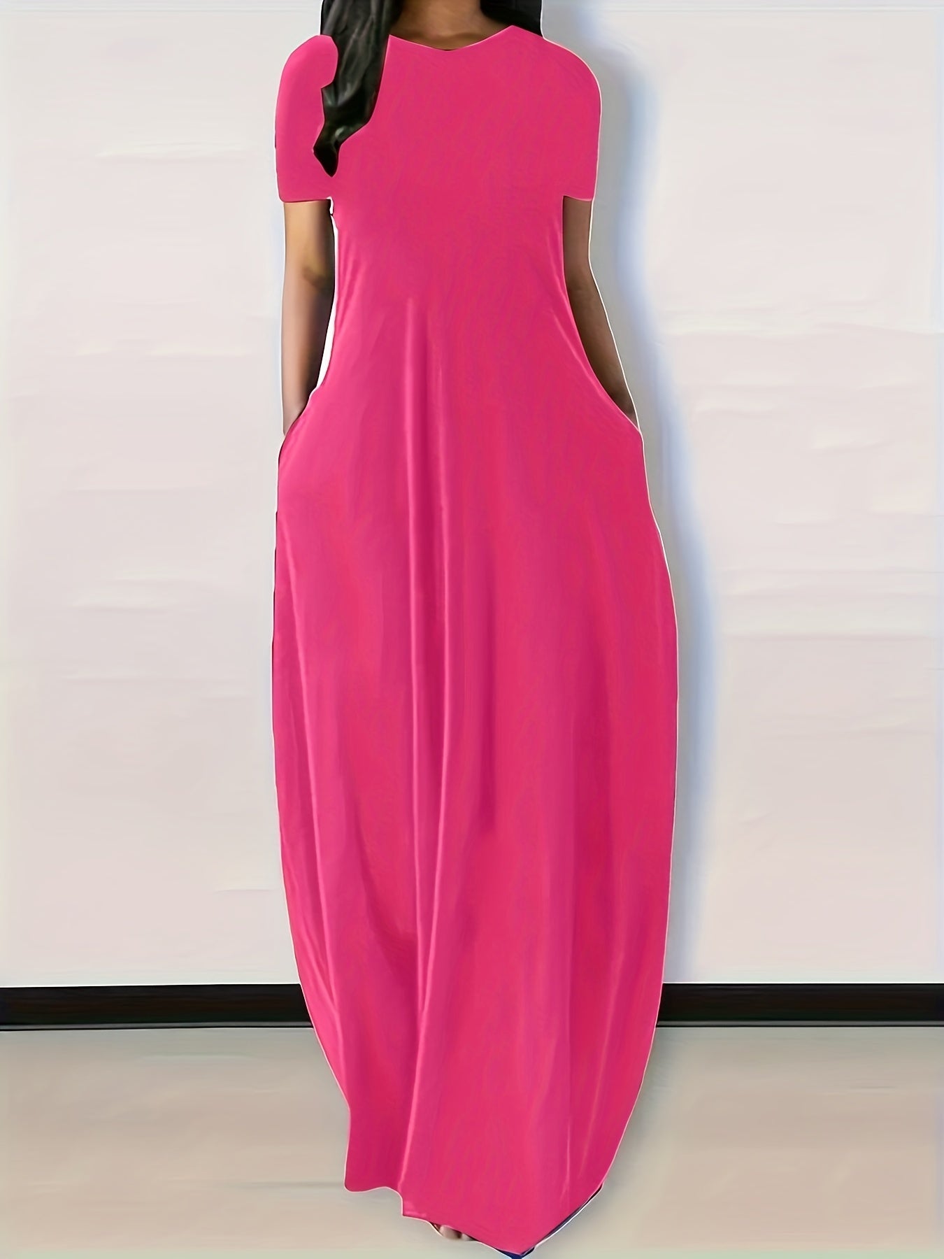 Plus Size Womens Casual Maxi Dress - Flattering Solid Color, Comfortable Round Neck, Flowy Loose Fit with Handy Pockets, Short Sleeves