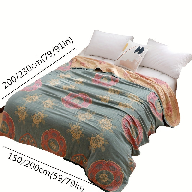 1pc Soft & Comfortable Peony Pattern Cotton Jacquard Blanket - Five-Layer Cotton Yarn Construction, Suitable for All Seasons, Perfect for Adult Sofa Nap Blanket, Four Seasons Blanket - 100% Cotton, Gentle on Skin, Breathable, and Absorbent