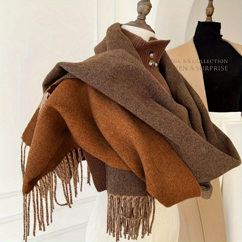 Double Sided Luxurious Color Block Scarf - Soft Cashmere Blend, Apricot and Coffee Color, Tassel Shawl, Windproof, Autumn Winter Warm, Versatile Unisex Accessory for Women and Men