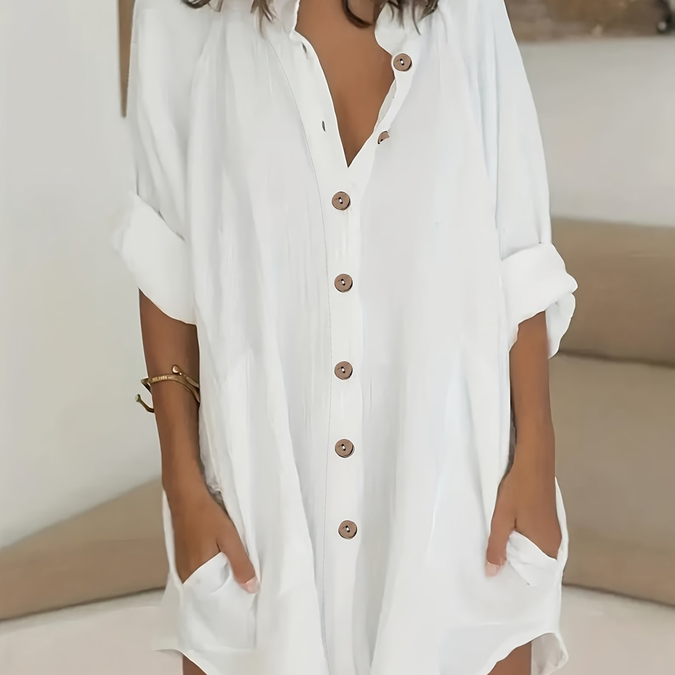 ZllKl Plus Size Simple Solid Shirt, Casual Button Front Long Sleeve Shirt, Women's Plus Size Clothing