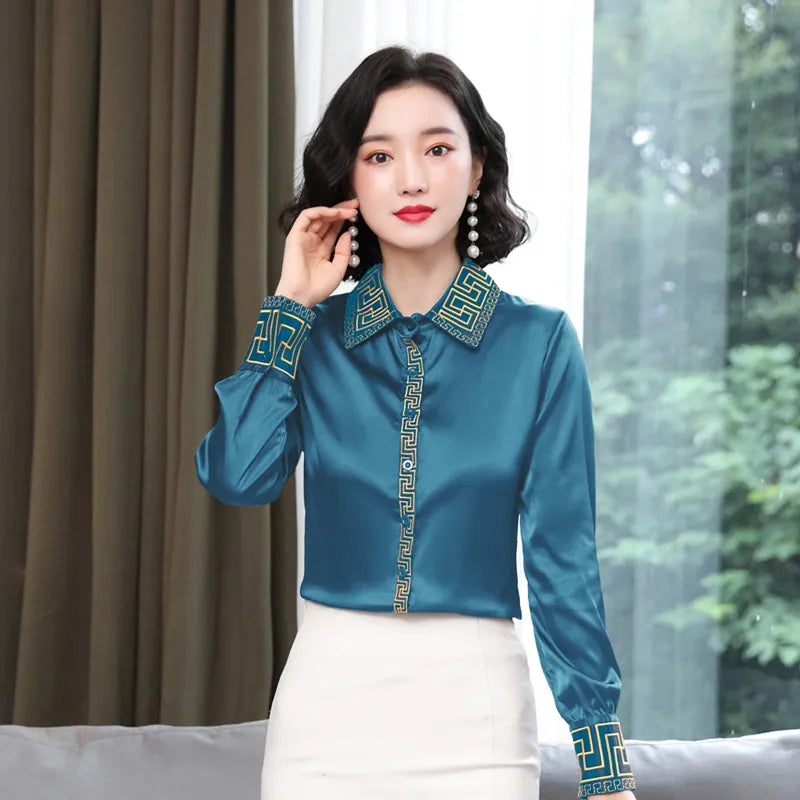 Luxury Designer Print Classic Satin Shirt Plus Size Women Fashion Long Sleeve Button Front Shirts Spring Autumn Ladies Runway Lapel Blouse Elegant Silk Tops
