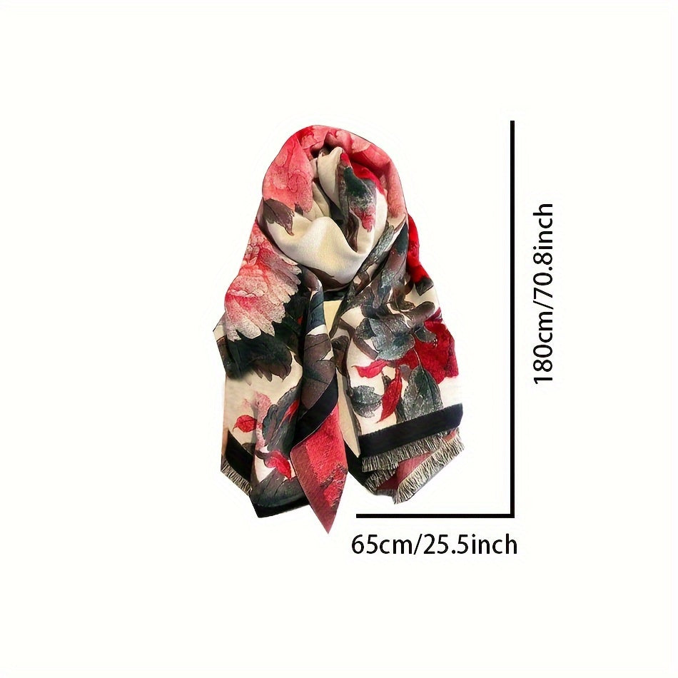 Vintage Floral Pattern Soft Shawl Scarf - Elegant, Warm, Fringe, Windproof, Coldproof, Autumn Winter Essential - Perfect for Outdoor Activities, Casual Wear, and Gift Giving
