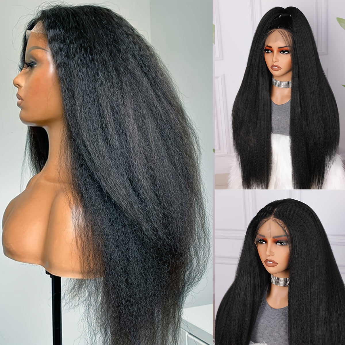 26 Inch Long Black Yaki Kinky Straight Synthetic Wig - Heat Resistant 13*4*1 Lace Front for Women - Perfect Daily Wear & Cosplay, Natural, Durable, Easy Style