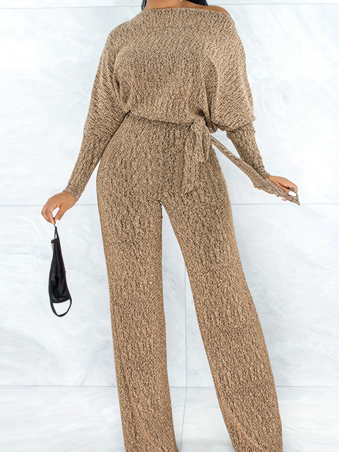 Chic Long Sleeve Jumpsuit with Flattering Tie Waist - Versatile & Comfortable for All Occasions, Easy Care Women’s Fashion