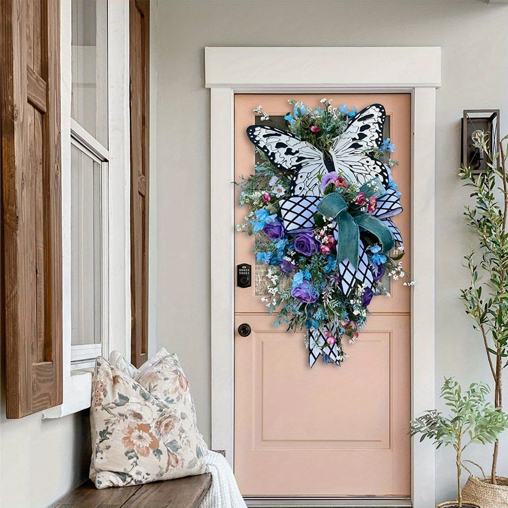 Artificial Spring Wreath Flowers Swag with Fake Butterflies Front Door Wreath