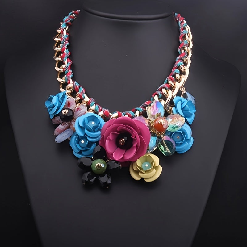 1pc Women's Bohemian Retro Style Colorful Floral Gem Necklace, Rope Braided Collarbone Chain, Trendy Accessory For Ladies Spring And Summer