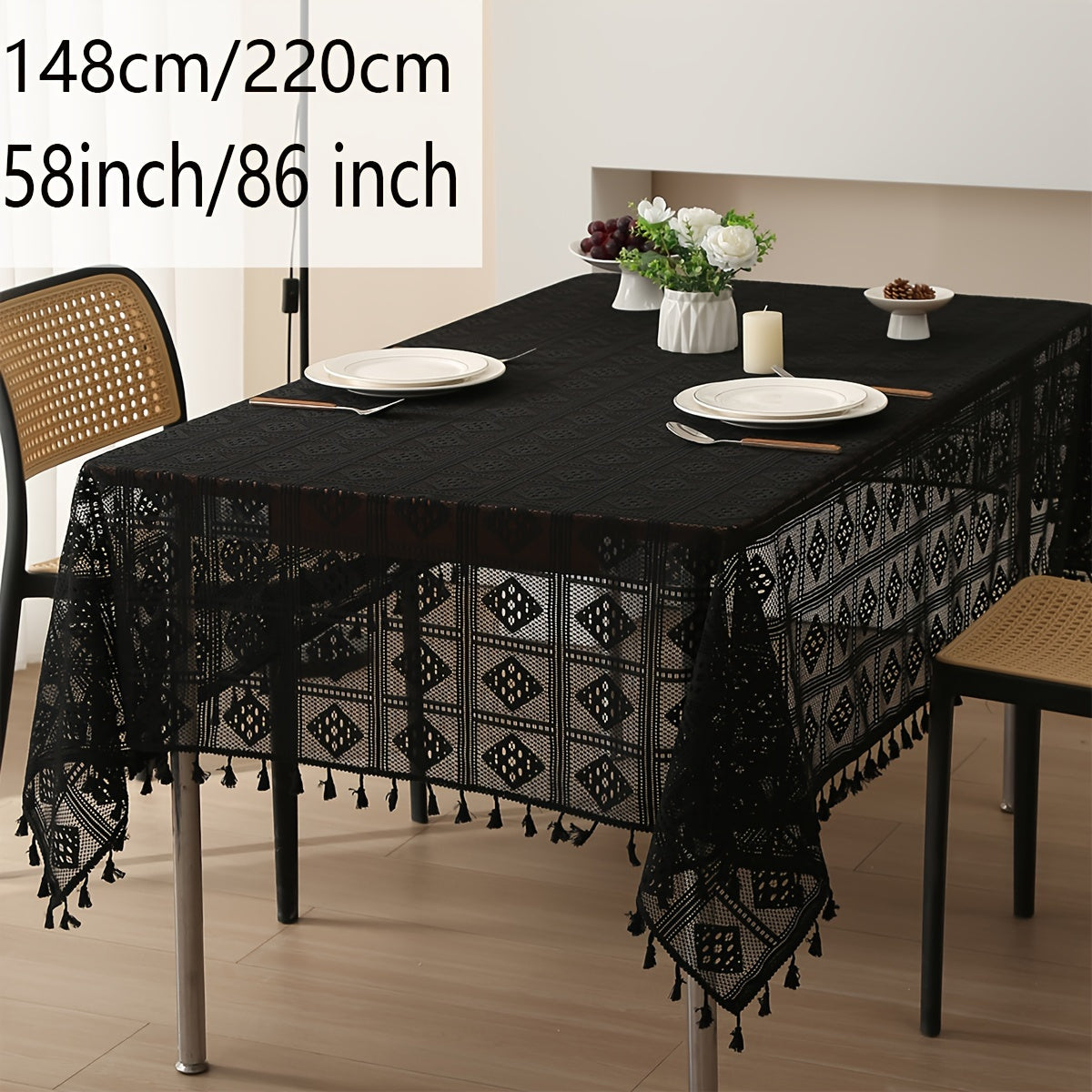 1pc Beige Linen Cotton Blend Crochet Tablecloth with Tassel - Tablecloths - Rustic American Pastoral Style Decor for Picnic, Holiday Party, and Home - Easy Care and Durable
