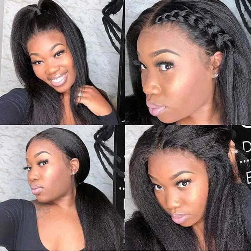 Mongolian Hair Black Kinky Straight Wigs For Black Women Glueless Human Hair Wig Yaki HD Transparent Glueless Full Lace Front Wig Pre Plucked