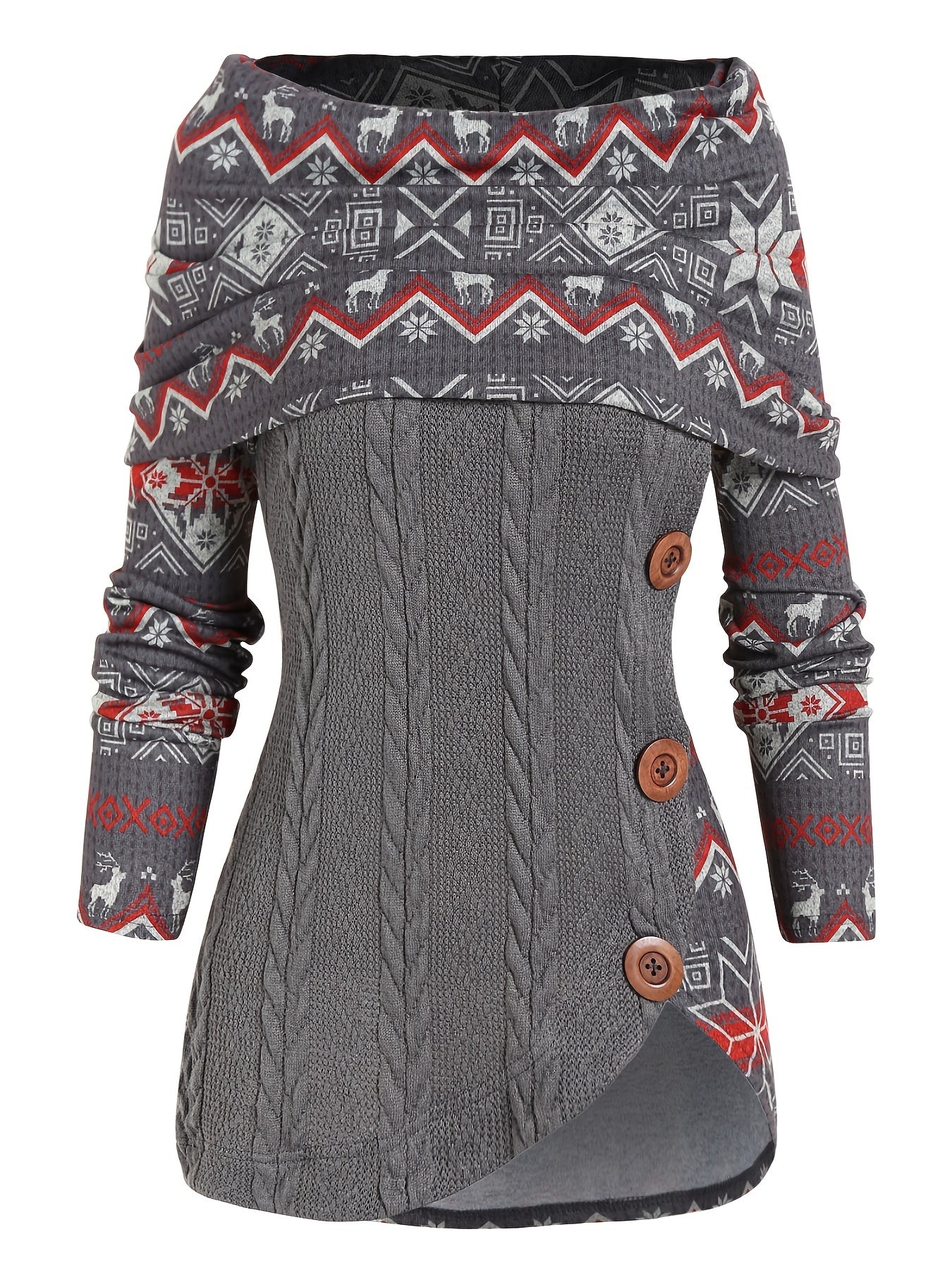 Christmas Pattern Off Shoulder Sweater - Casual, Long Sleeve, Button Front, Asymmetrical, Festive Holiday Wear for Women