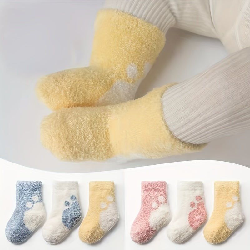 3 Pairs Baby Girl's Non-slip Winter Solid Color Plush Sleep Socks Thickened Warm Home Floor Socks