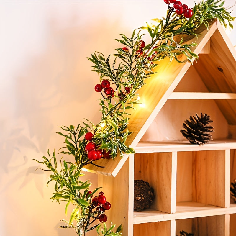 78.74" Pre-Lit Christmas Garland with Red Berries & Green Holly - Battery Operated, Indoor Xmas Decor for Mantle, Fireplace, Stairs
